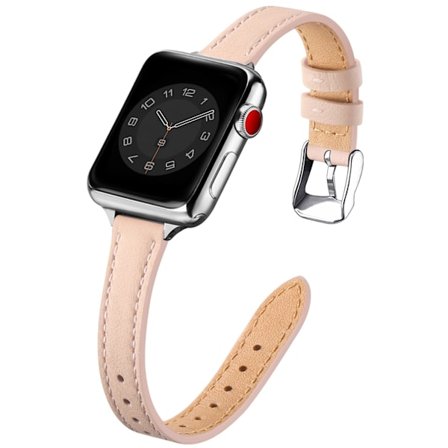 Lærreim Kompatibel med Apple Watch 41mm 40mm 38mm, Slank Tynn Lærreim Erstatning, for Kvinner Menn Rosa Sand & Sølv