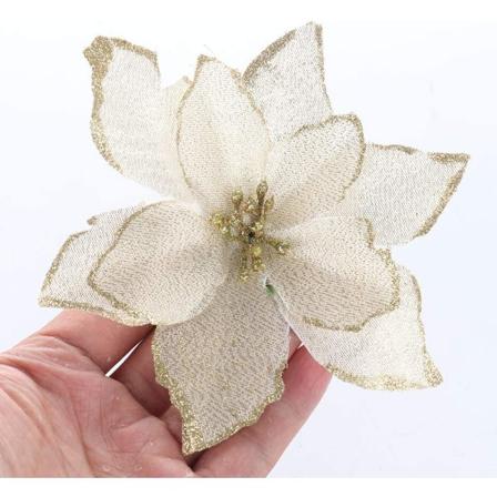 Sæt med 12 kunstige glitter juletræblomster guld 13cm