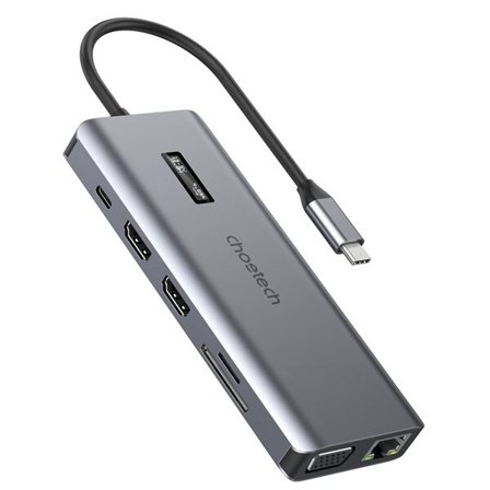 Choetech 12-in-1 USB-C Hub HDMI VGA AUX SD TF harmaa (HUB-M26)