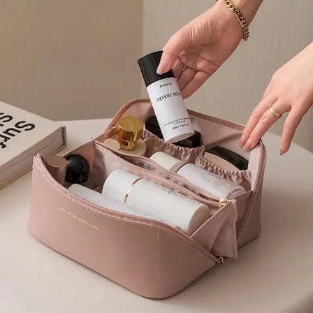 Luksuriøs pink makeup taske med Beauty Blender svamp Multifunktionel rejse kosmetik organizer toilet taske