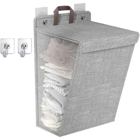 Väggmonterad tvättkorg med lock, smutstvättkorg med 2 krokar, för badrum/sovrum_TF_TF