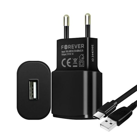 Nätadapter - Forever - USB Typ-C - 1A - Kablängd 1.2m - Svart