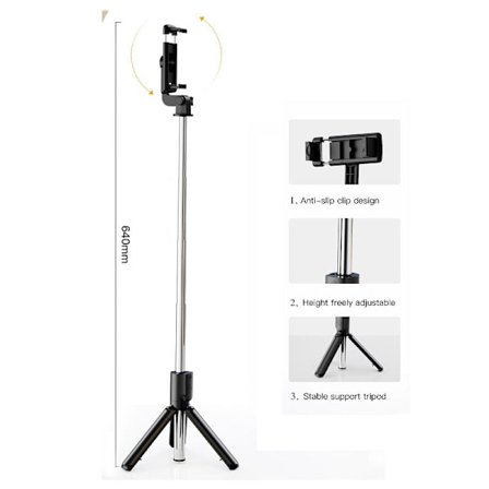 Tripod Selfiestick / Mobilstativ Bluetooth med fjernkontroll, Svart