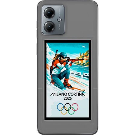 Kompatibelt Mobildeksel til Motorola Moto G14 Retroplakat Cortina Milano 2026 med fjell, vintersportsutøvere, italienske trikolor, Milano-katedralen o