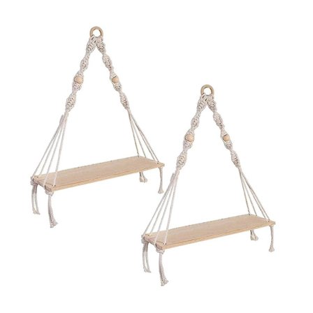 Vægmonteret hylde, boho-hylder med træhylde, 2 stk. håndlavede macrame-hylder til ophængning af planter A