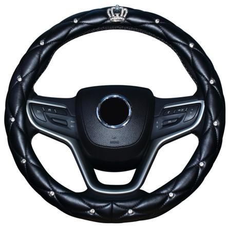 Rattskydd med Bling Diamond, Universal Läder Anti-Slip Bilstryrskydd Glittrande Krona Biltillbehör för Kvinnor Damer (Svart) Black