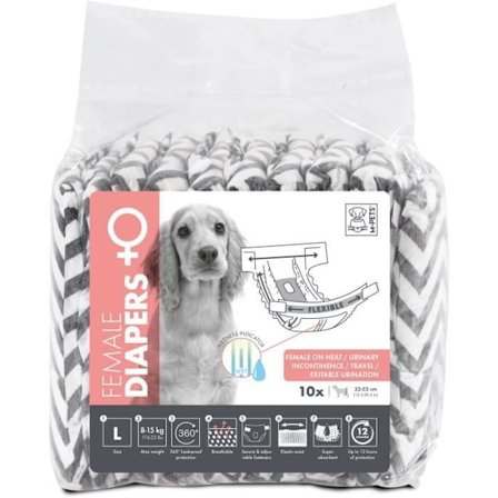 Hundblöjor - M PETS - BLÖJOR Hona L x10 - Midjemått 32-52 cm - 8-15 kg - Fuktindikator - 12h skydd