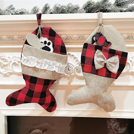 2-pakning Julestrømper i Jutesekk med Fiskeform for Oppheng, Gavepose ved Peisen, Juletrepynt