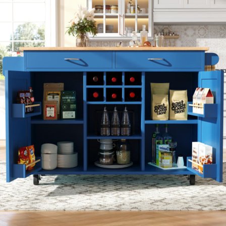 Moderne køkkenø (102x45x92cm) i blå med træstruktur – multifunktionel som spisebord, køkkenskab & buffetskænk med opbevaringsplads