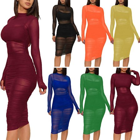 Women#39;S Sheer Mesh Bodycon Dress Ruched Mock Neck Midi Sheer Dress_l