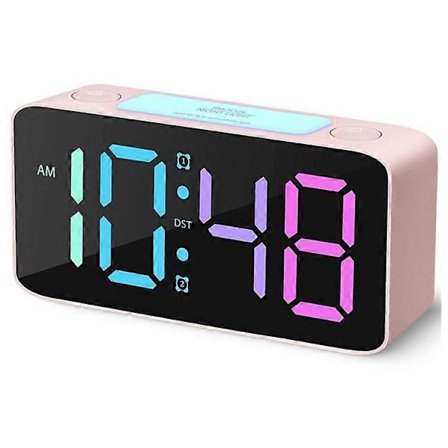6,3 tommer digitalt ur med 7-farvet natlampe, justerbar lydstyrke elektronisk vækkeur med EU-stik (FMY) Pink