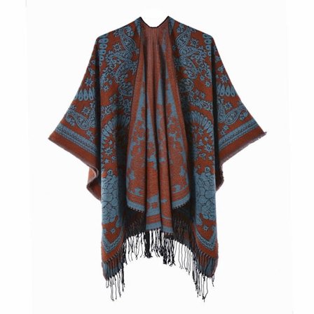 Frynsehemmet Pashmina Sjal Wrap Vinter Varm Etnisk Stil Poncho Åpen Front Cape for Dame