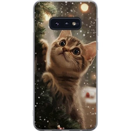 Yhteensopiva Puhelinkuori Samsung Galaxy S10e Joulukissa joulukuusen valossa lumisateessa, täydellinen motiivi joulun ystäville ja kissan ystäville vi