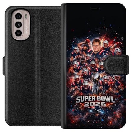 Yhteensopiva Lompakkokotelo Motorola Moto G41 Super Bowl 2026 juliste, jossa New England Patriots ja NFL-mestaruuspalkinto räjähtävän urheilullisessa