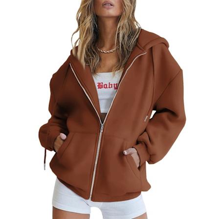 Lady söpö huppari teini tyttö syksy takki oversized collegepaita rento kiristysnauha vaatteet vetoketju Y2k huppari taskuilla kahvi coffee S