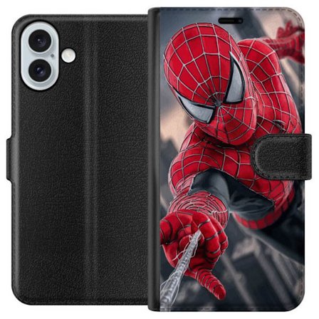 Yhteensopiva Lompakkokotelo Apple Apple iPhone 16 Plus Dynaaminen Spider-Man-kuvaus toimintanäkökulmasta, supervoimien teema liikkeen energialla ja