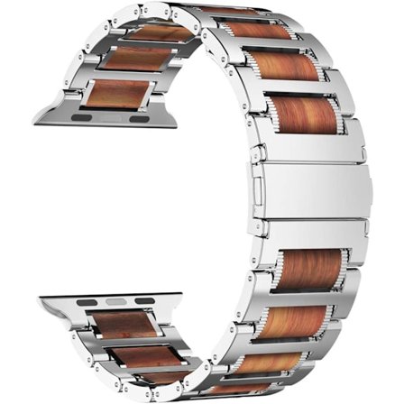 Kompatibel med Apple Watch Armband, Naturligt Trä Stållänk Armband för iWatch Ultra 2/ Ultra 49mm 45mm 44mm 42mm