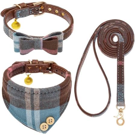 WJSM Hundekrave og Line Sæt - Klassisk Ternet Hundebånd og Hundebåndana Krave med Klokke, Hundeline Tangle Free, Justerbare Kraver til Små og 
