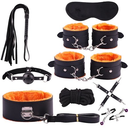Sexy Leather BDSM Sett Plysj Sex Bondage Sett Håndjern Sex Spill Pisk Knebel Brystvorteklemmer Sexleketøy for Par Eksotisk Tilbehør