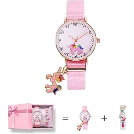 Yksisarvinen kello tyttöjen kello vaaleanpunainen nylonranneke analoginen rannekello yksisarvislahjat