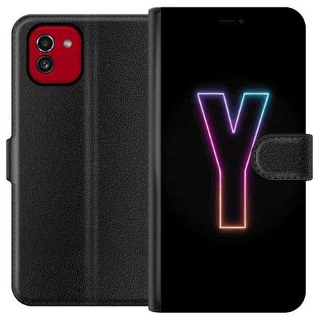 Kompatibelt Lommeboketui til Samsung Samsung Galaxy A03 Minimalistisk neonbokstav Y i fargeskiftende lys mot svart bakgrunn