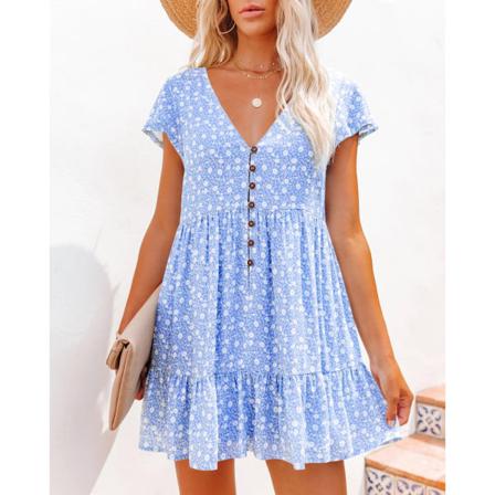 Sommar Kvinnor Chiffong Klänning Sexig V-ringad Blommig Mini Beach Ruffle
