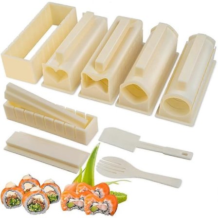 Opgraderet Sushi Making Kit Deluxe Edition med Komplet Sushi Sæt 10 Dele Plastik Sushi Maker Værktøj Komplet med 12 Sushi Risrulle Forme Gaffel