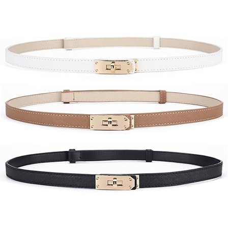 Smalt læderbælte til kvinder, 3-delt midjebælte til kvinder Justerbart med drejelås Midjebælte Klassisk dekorativt smalt (Sort Hvid Brun)