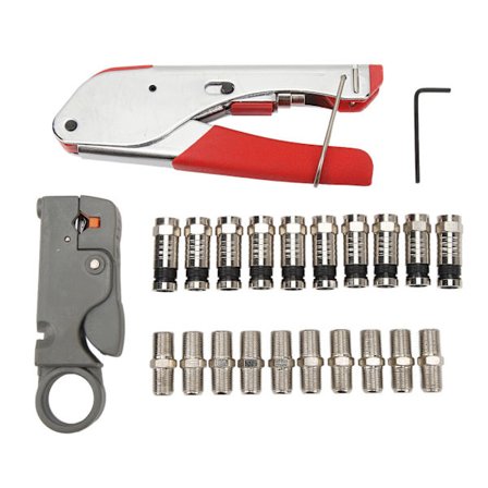 Koaksialkabelkrimpverktøysett med 1 avisoler og 10 F-type RG6-kontaktadaptere