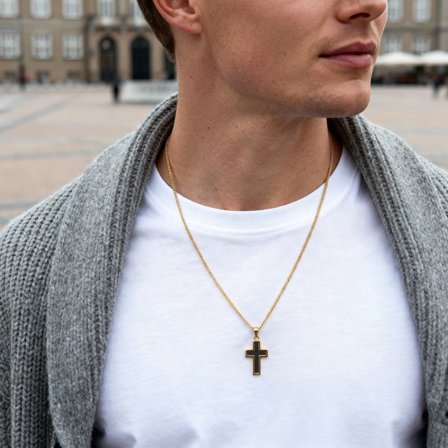 Gold-Tone Cross Necklace with Black Inlay for Men - Steel necklaces