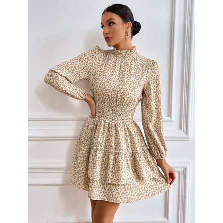 Kvinde Hals Ruffle Kjole Langærmet Blomster Print Ryg Lagdelt