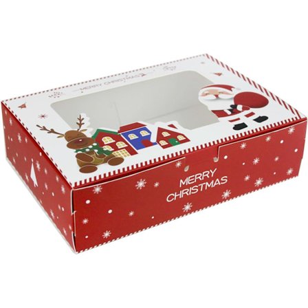 12-pack Presentaskar, 23 cm x 17 cm x 7 cm, Julröd Vit Tomteask med Transparent Lock