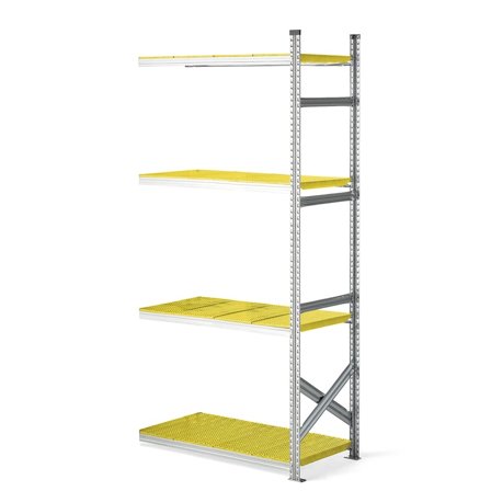 Reol påbyggseksjon med med gule plasthyller, 2500x1200x600