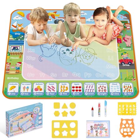 Vand Tegnemåtte Børnelegetøj 100×80cm, med 3 Tegne Penne og 3 Tegneskabeloner, Genanvendelig Vand Tegnemåtte til Drenge og Piger