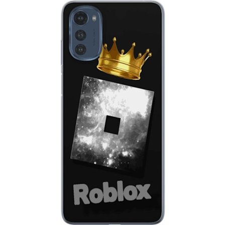 Kompatibelt Mobildeksel til Motorola Motorola Moto E32s Minimalistisk svart og sølvfarget Roblox-symbol med gylden krone og luksuriøs gamer-estetikk