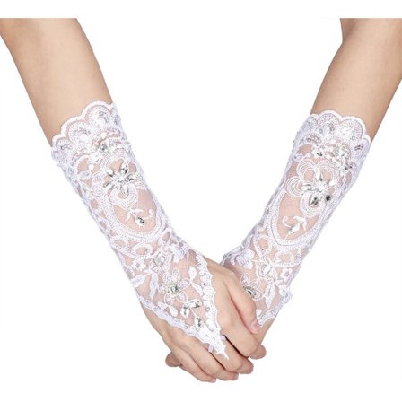 Retro Stil Elfenben Blonder Bryllupshansker Blomster Brud Rhinest