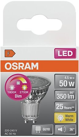 OSRAM LED lyspære PAR16 50 GU10 glow dim 4,5W 2700K- 1800K 90° 230V