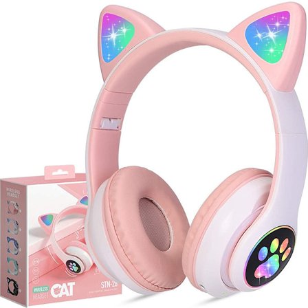 Vakkert stereo gaming headset med mikrofon, katteøre, lady pink