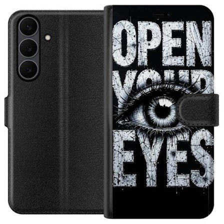 Kompatibelt Lommeboketui til Samsung Samsung Galaxy S25 FE Mørk typografisk illustrasjon med øye og teksten Open Your Eyes, sterk kontrast og rå ku