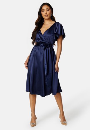 Goddiva Flutter Sleeve Satin Midi Dress Navy Klær