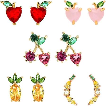 Frukt Ørepynt 18k Gullbelagt Ananas Drue Kirsebær Ørepynt Kubisk Zirkonia Ørepyntsett For Kvinner Jenter Frukt Smykker Gaver - -