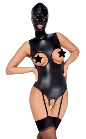 Black crotchless suspender body with head mask - Bad Kitty