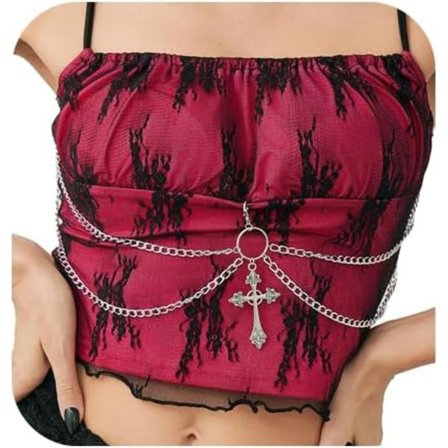 Gotisk Hip Hop Kors Hänge BH Kroppskedja Smycken, Lager På Lager Magkedja, Festival Rave Punk Metall Tofs Bröstkedja för Kvinnor Halloween Outfit