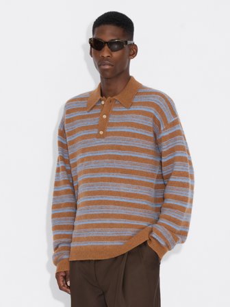 Holzweiler - Ollie Wool Polo Sweater - Brown Stripe - Mens - Extra Large