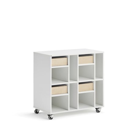 Elevförvaring CASPER, 4 lådor, 8 fack, hjul, vit, björk