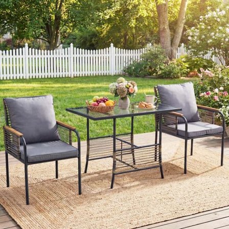 Ensemble Bistro Terrasse i PE Rattan 3 Stykker COSTWAY, Rektangulært Bord og Havemøbler med Puder, Grå