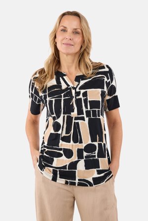 BRANDTEX - Kortærmet T-shirt - Sort / Beige - V-Hals