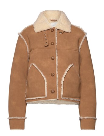 Monki Faux Leather Shearling Jacket - Brown - M