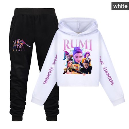 KPOP DEMON HUNTER Piger Mellemhøj Talje Kort Sweatshirt Enkel og Dobbelt Ærme Trykt Afslappet Kostume Hvid XX 120cm 120cm_ma