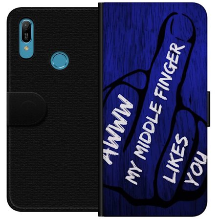 Kompatibelt Lommeboketui til Huawei Y6 (2019) Mørk typografisk illustrasjon med hjerteform og budskap om vennskap mot dyp blå tretekstur